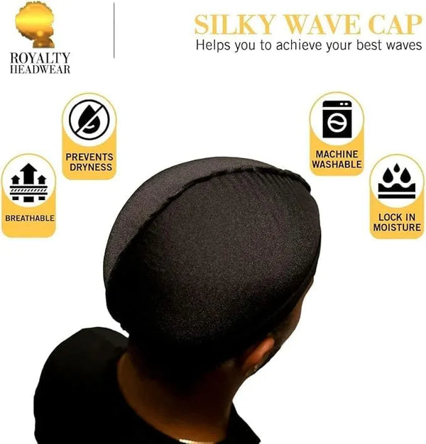 Royalty Headwear Silky Wave Cap for 360, 540 & 720 Waves, Soft Breathable Durag Skull Cap Beanie for Men