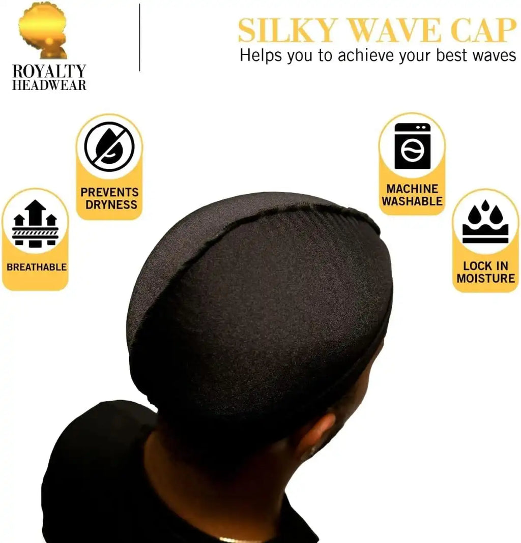 Royalty Headwear Silky Wave Cap for 360, 540 & 720 Waves, Soft Breathable Durag Skull Cap Beanie for Men