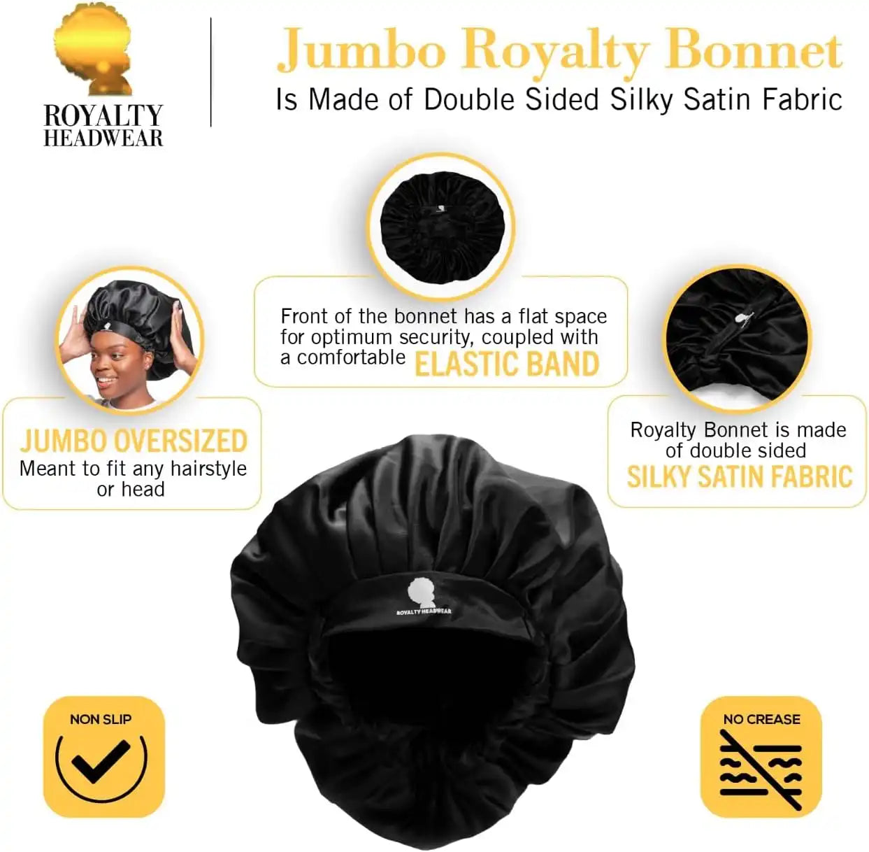 Royalty Headwear Silk Satin Bonnet for Women - Adjustable Jumbo Extra Secure Non-Slip Satin Cap Silk Hair Bonnet for Sleeping Secondary image