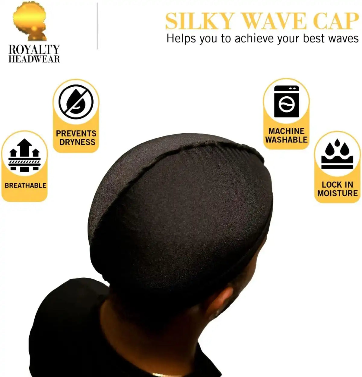 Royalty Headwear Silky Wave Cap for 360, 540 & 720 Waves, Soft Breathable Durag Skull Cap Beanie for Men