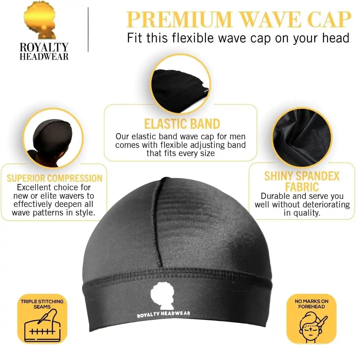 Royalty Headwear Silky Wave Cap for 360, 540 & 720 Waves, Soft Breathable Durag Skull Cap Beanie for Men Secondary image