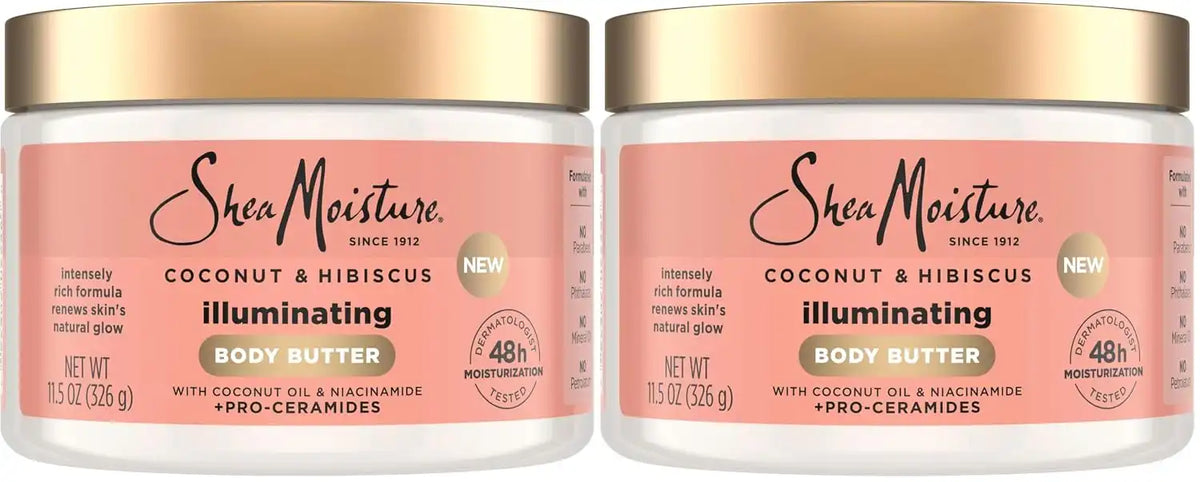 SheaMoisture Illuminating Body Butter with Coconut & Hibiscus, Niacinamide and Pro-Ceramides, Renewing Skin’s Natural Glow, 48H Moisturizing 11.5 oz,(Pack of 2) Main image